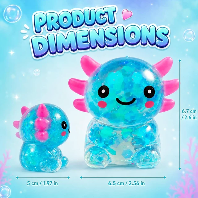 Alt view image 6 of 6 - 2 Packs Axolotl Squishy Toy, Glitter Fidget Toys Cute Axolotl Stress Relief Squeeze Toy Gifts for Kids Adult, Squishies Toys,bluepink Bluepurple