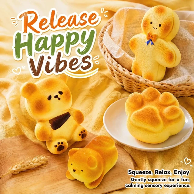 Alt view image 2 of 6 - 4 Pack Bread Butter Squishy, Slow Rising Squeeze Fidget Toys for Stress
Soft PU foam, no liquid, no leak, gingerbread boy, scarf bear, cat paw, puppy, fidget squeeze, stress relief, party gift