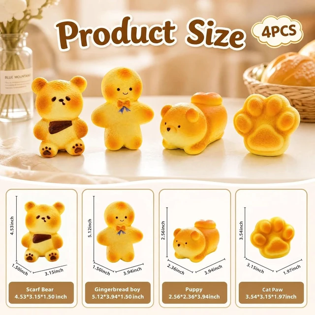 Alt view image 6 of 6 - 4 Pack Bread Butter Squishy, Slow Rising Squeeze Fidget Toys for Stress
Soft PU foam, no liquid, no leak, gingerbread boy, scarf bear, cat paw, puppy, fidget squeeze, stress relief, party gift