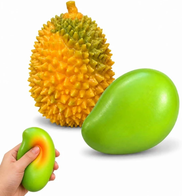 Main image of Color Changing Mango and Durian Squishy Stress Balls, 2 Pack
Warmth triggers green-to-yellow change. Realistic mango and durian fidgets with crunchy ASMR feel for squeezing and gifting.