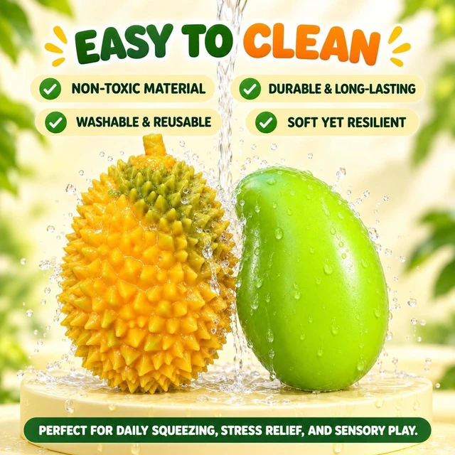 Alt view image 7 of 7 - Color Changing Mango and Durian Squishy Stress Balls, 2 Pack
Warmth triggers green-to-yellow change. Realistic mango and durian fidgets with crunchy ASMR feel for squeezing and gifting.
