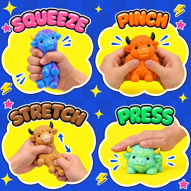 Alt view image 7 of 7 - Highland Cow Squishy Toys 4 Pack, Soft Cow Stress Balls for Kids
4 Colorful Cows, Soft Squeeze Toys, Sensory Fidget Fun, Cute Animal Squishies, Birthday Gifts and Party Favors