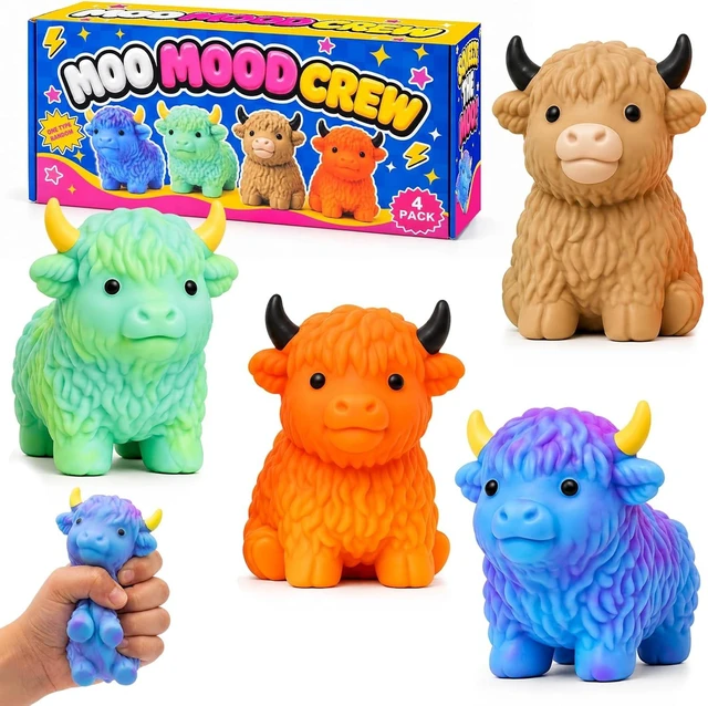 Main image of Highland Cow Squishy Toys 4 Pack, Soft Cow Stress Balls for Kids
4 Colorful Cows, Soft Squeeze Toys, Sensory Fidget Fun, Cute Animal Squishies, Birthday Gifts and Party Favors