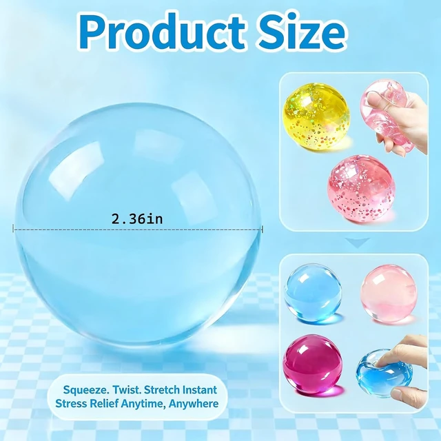 Alt view image 2 of 6 - Coconut Oil Squishy, Slow Rising Clear Blue Stress Ball, Fidget Sensory Toy Maltose filled, 2.2 inch, silent squeeze, crystal clear blue, non-sticky grip, silent stress relief sensory sphere