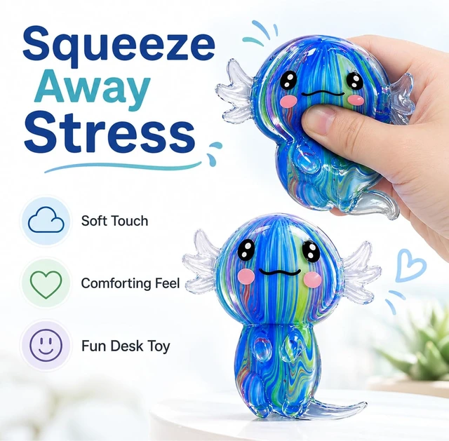Alt view image 5 of 7 - 2 Packs Axolotl Squishy Stress Relief Toy, Glitter Stretchy Axolotls Stress Soft Squeeze Sensory Fidget Toys for Kids Adults, Cute Axolotls Squishies Party Favors Classroom