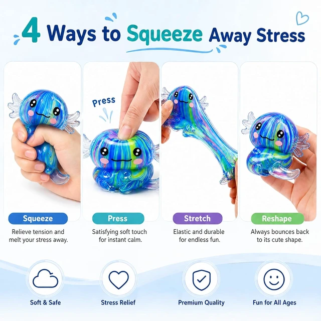 Alt view image 6 of 7 - 2 Packs Axolotl Squishy Stress Relief Toy, Glitter Stretchy Axolotls Stress Soft Squeeze Sensory Fidget Toys for Kids Adults, Cute Axolotls Squishies Party Favors Classroom