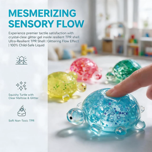 Alt view image 2 of 7 - 4 Pack Turtle Squishy Toys,Squishy Turtle with Clear Maltose & Glitter Soft Non-Toxic TPR Sensory Toy for Anxiety Relief, Durable Bath and Travel Toys for Kids, Colorful Gift Set