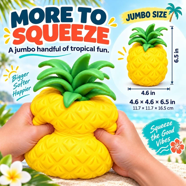 Alt view image 4 of 7 - Jumbo Squishy Pineapple, Big Fruit Stress Ball Squeeze Toy
Jumbo 6.5"x4.6" fast-rebound scented TPR pineapple fidget; quiet desk stress toy and novelty gift for adults.