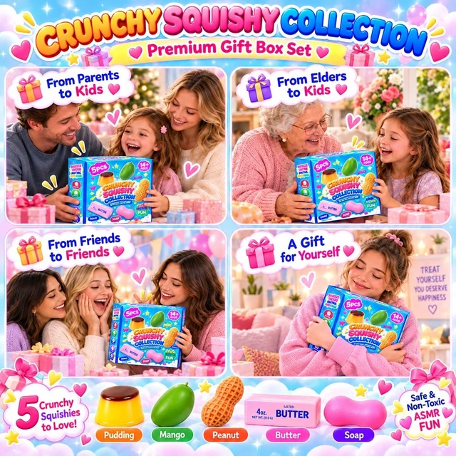 Alt view image 6 of 6 - 5 Pack Crunchy Squishy Box, Butter Soap Peanut Mango & Pudding Squishies, Crunchy Filled Sensory Squeeze Fidget Toys, Moldable Stress Relief Desk Toys, Party Favors & Gifts for Adults(Pink)