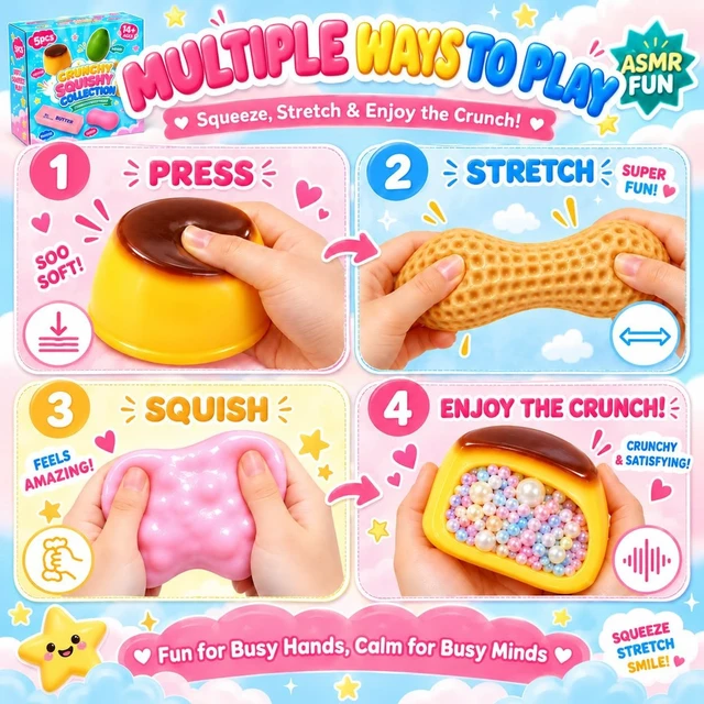 Alt view image 4 of 6 - 5 Pack Crunchy Squishy Box, Butter Soap Peanut Mango & Pudding Squishies, Crunchy Filled Sensory Squeeze Fidget Toys, Moldable Stress Relief Desk Toys, Party Favors & Gifts for Adults(Pink)