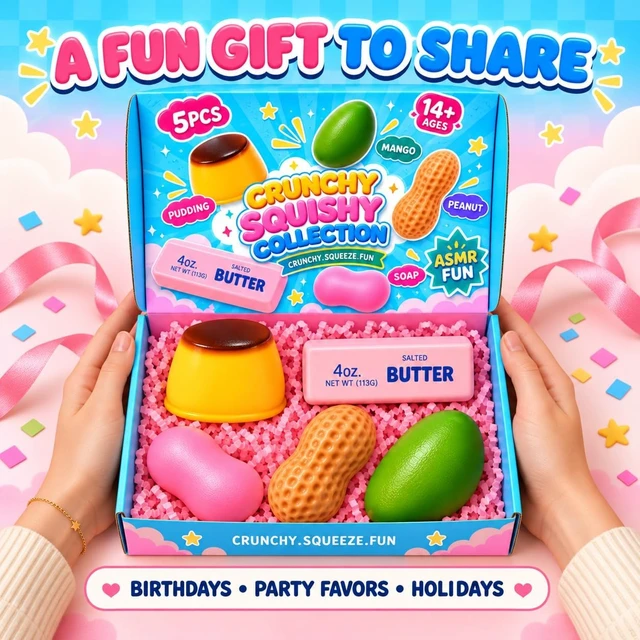 Alt view image 2 of 6 - 5 Pack Crunchy Squishy Box, Butter Soap Peanut Mango & Pudding Squishies, Crunchy Filled Sensory Squeeze Fidget Toys, Moldable Stress Relief Desk Toys, Party Favors & Gifts for Adults(Pink)