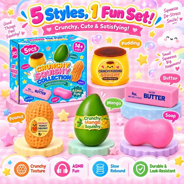 Alt view image 3 of 6 - 5 Pack Crunchy Squishy Box, Butter Soap Peanut Mango & Pudding Squishies, Crunchy Filled Sensory Squeeze Fidget Toys, Moldable Stress Relief Desk Toys, Party Favors & Gifts for Adults(Pink)