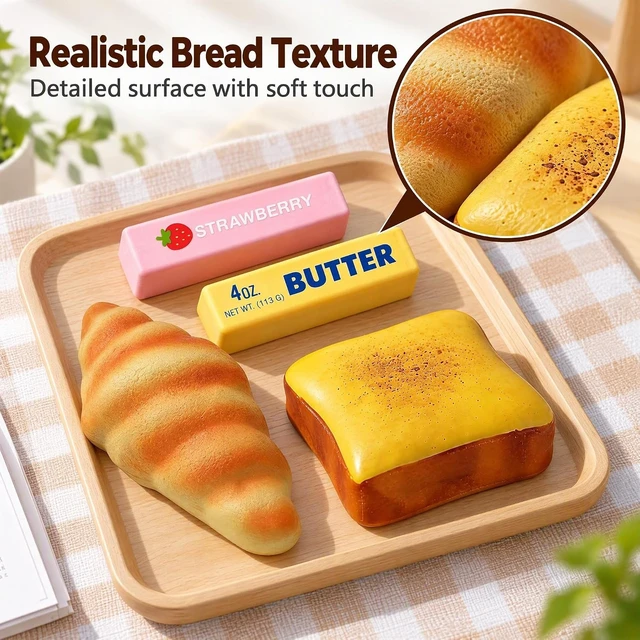 Alt view image 6 of 6 - 4Pcs Squishy Toys Set, Slow Rising Butter Squishy, Toast Bread and Croissant Squishies, Soft PU Foam Squeeze Toys for Stress Relief, Fidget Toys, Party Favors, Desk Toys, Gifts for Adults