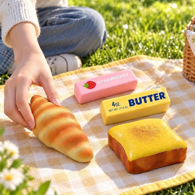 Alt view image 5 of 6 - 4Pcs Squishy Toys Set, Slow Rising Butter Squishy, Toast Bread and Croissant Squishies, Soft PU Foam Squeeze Toys for Stress Relief, Fidget Toys, Party Favors, Desk Toys, Gifts for Adults