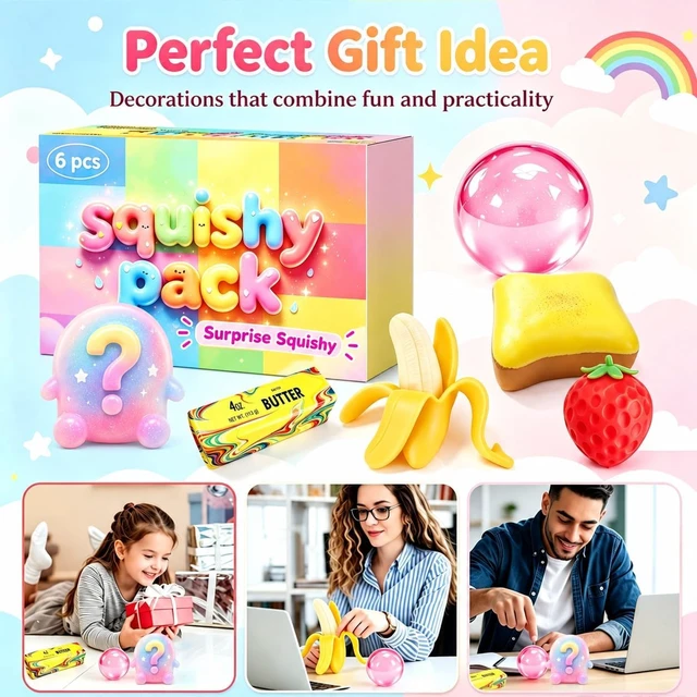 Alt view image 6 of 6 - 6PCS Squishy Box, Sensory Fidget Toys & Squeeze Toys
Butter, banana, bread, strawberry, crystal ball & surprise character; sensory fidget set with mixed slow-rising textures