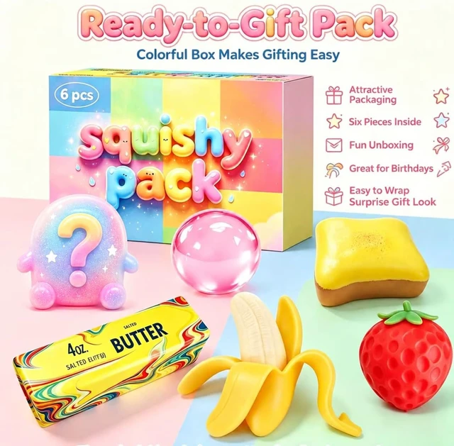 Alt view image 2 of 6 - 6PCS Squishy Box, Sensory Fidget Toys & Squeeze Toys
Butter, banana, bread, strawberry, crystal ball & surprise character; sensory fidget set with mixed slow-rising textures