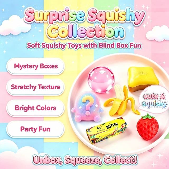 Alt view image 4 of 6 - 6PCS Squishy Box, Sensory Fidget Toys & Squeeze Toys
Butter, banana, bread, strawberry, crystal ball & surprise character; sensory fidget set with mixed slow-rising textures