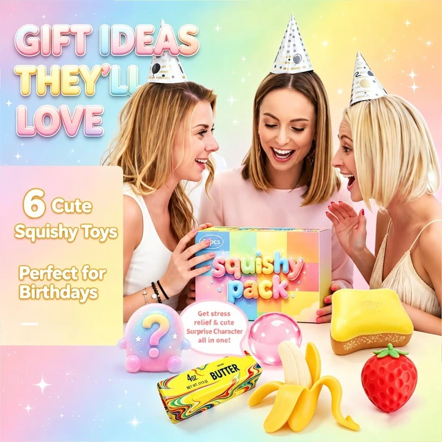 Alt view image 5 of 6 - 6PCS Squishy Box, Sensory Fidget Toys & Squeeze Toys
Butter, banana, bread, strawberry, crystal ball & surprise character; sensory fidget set with mixed slow-rising textures