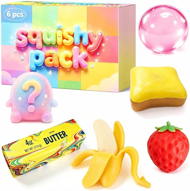 Main image of 6PCS Squishy Box, Sensory Fidget Toys & Squeeze Toys
Butter, banana, bread, strawberry, crystal ball & surprise character; sensory fidget set with mixed slow-rising textures
