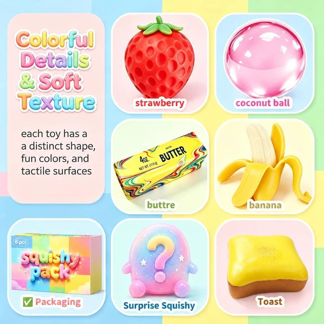 Alt view image 3 of 6 - 6PCS Squishy Box, Sensory Fidget Toys & Squeeze Toys
Butter, banana, bread, strawberry, crystal ball & surprise character; sensory fidget set with mixed slow-rising textures