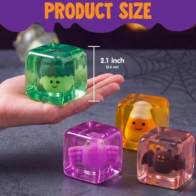 Alt view image 2 of 7 - JOYIN 4 PCS Halloween Glow-in-the-Dark Stress Cube, 2'' Slow Rising Ice Cube Squishy Toys, High Density Relief Stress Balls, Sensory Toy for Kids, Party Favors, Trick or Treating, Classroom Prize