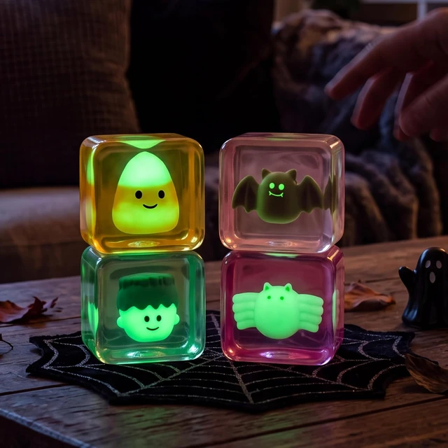 Alt view image 3 of 7 - JOYIN 4 PCS Halloween Glow-in-the-Dark Stress Cube, 2'' Slow Rising Ice Cube Squishy Toys, High Density Relief Stress Balls, Sensory Toy for Kids, Party Favors, Trick or Treating, Classroom Prize