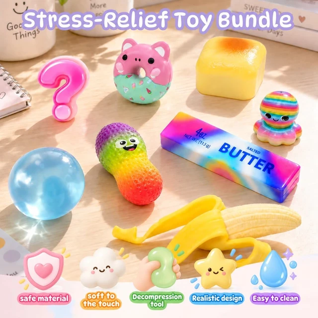 Alt view image 2 of 6 - 8 pcs Squishy Surprise Set, Cute Animal & Snack Sensory Fidgets, Slow Rising Squeeze Toys, Shapeable No Rebound Coconut Oil, Banana, Rainbow Butter & Bread, Party Favors & Gifts for Kids Adults