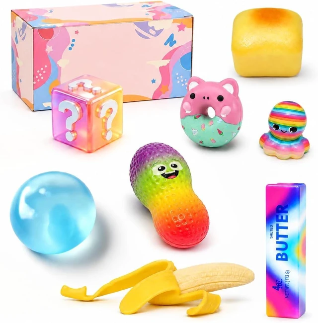 Main image of 8 pcs Squishy Surprise Set, Cute Animal & Snack Sensory Fidgets, Slow Rising Squeeze Toys, Shapeable No Rebound Coconut Oil, Banana, Rainbow Butter & Bread, Party Favors & Gifts for Kids Adults