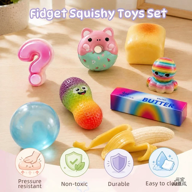 Alt view image 6 of 6 - 8 pcs Squishy Surprise Set, Cute Animal & Snack Sensory Fidgets, Slow Rising Squeeze Toys, Shapeable No Rebound Coconut Oil, Banana, Rainbow Butter & Bread, Party Favors & Gifts for Kids Adults