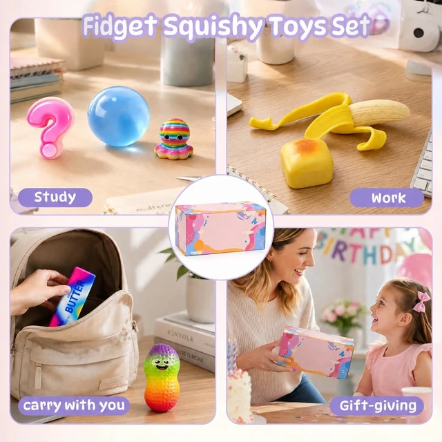 Alt view image 5 of 6 - 8 pcs Squishy Surprise Set, Cute Animal & Snack Sensory Fidgets, Slow Rising Squeeze Toys, Shapeable No Rebound Coconut Oil, Banana, Rainbow Butter & Bread, Party Favors & Gifts for Kids Adults