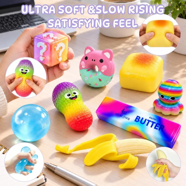 Alt view image 4 of 6 - 8 pcs Squishy Surprise Set, Cute Animal & Snack Sensory Fidgets, Slow Rising Squeeze Toys, Shapeable No Rebound Coconut Oil, Banana, Rainbow Butter & Bread, Party Favors & Gifts for Kids Adults