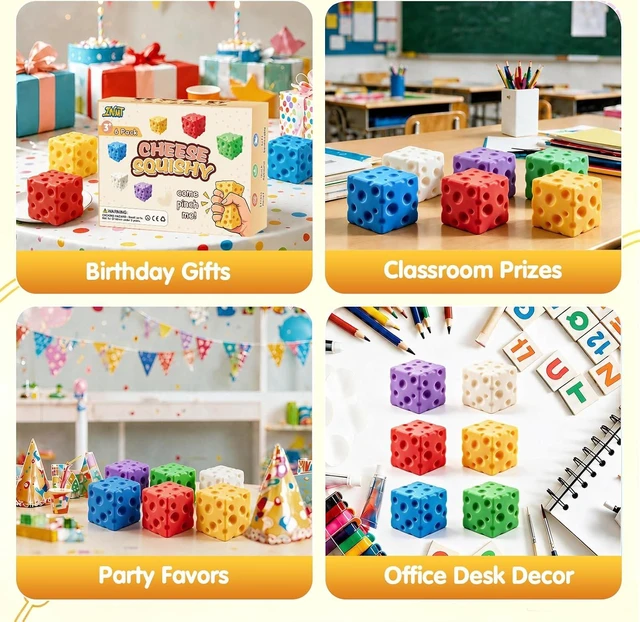 Main image of Cheese Squishy Fidget Toys for Kids Adults, 2.4in Slow Rising Squishy, 6PC
Squishy Box Cheese, Stress Relief Toys Set, Stress Cube Squeeze Squishies Pack, Party Favors Gifts for Hallowe