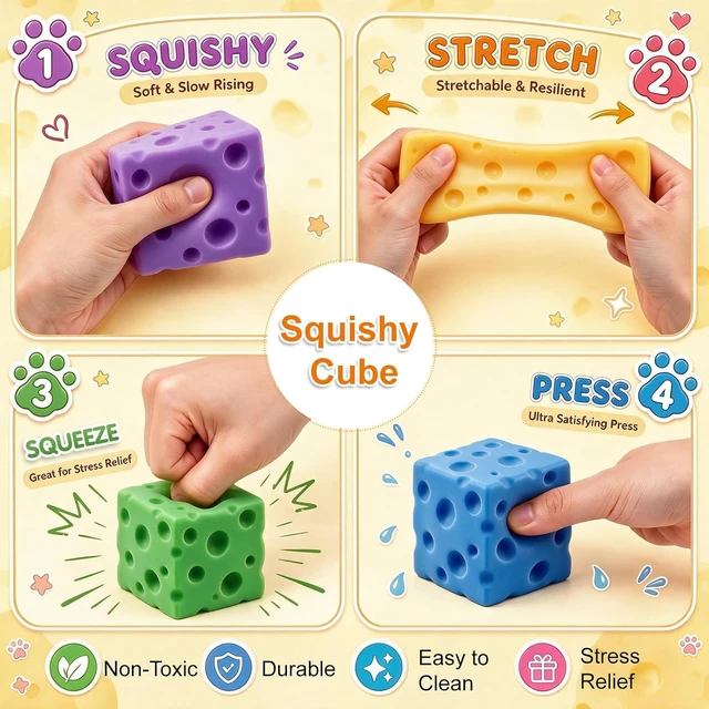 Alt view image 7 of 7 - Cheese Squishy Fidget Toys for Kids Adults, 2.4in Slow Rising Squishy, 6PC
Squishy Box Cheese, Stress Relief Toys Set, Stress Cube Squeeze Squishies Pack, Party Favors Gifts for Hallowe