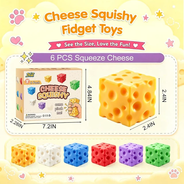 Alt view image 6 of 7 - Cheese Squishy Fidget Toys for Kids Adults, 2.4in Slow Rising Squishy, 6PC
Squishy Box Cheese, Stress Relief Toys Set, Stress Cube Squeeze Squishies Pack, Party Favors Gifts for Hallowe