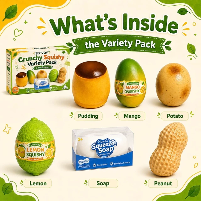 Alt view image 7 of 7 - 6 Pack Crunchy Squishy Set, Slow Rising Crunchy Squishies ASMR Filled, Squeeze Stress Relief Balls for Adults, Includes Pudding Mango Potato Lemon Soap Peanut
