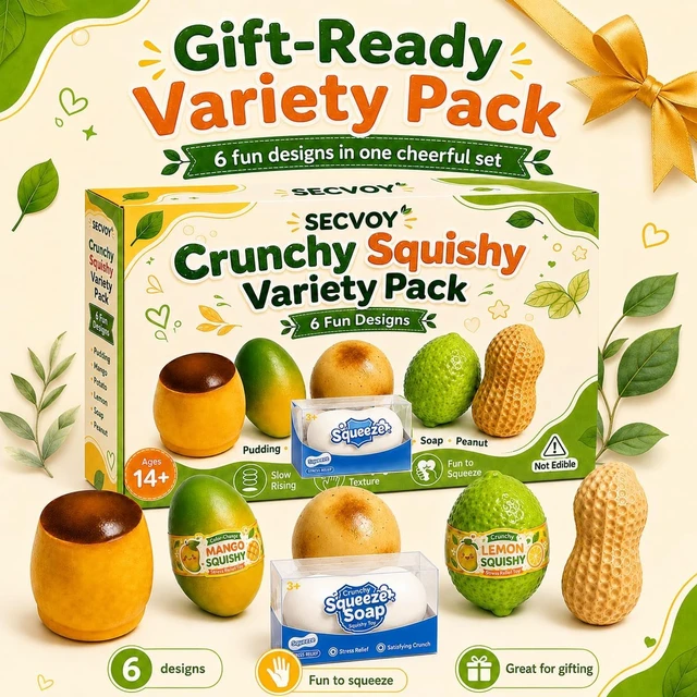 Alt view image 2 of 7 - 6 Pack Crunchy Squishy Set, Slow Rising Crunchy Squishies ASMR Filled, Squeeze Stress Relief Balls for Adults, Includes Pudding Mango Potato Lemon Soap Peanut