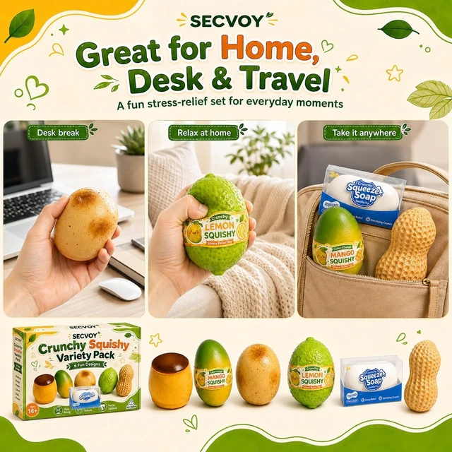 Alt view image 5 of 7 - 6 Pack Crunchy Squishy Set, Slow Rising Crunchy Squishies ASMR Filled, Squeeze Stress Relief Balls for Adults, Includes Pudding Mango Potato Lemon Soap Peanut