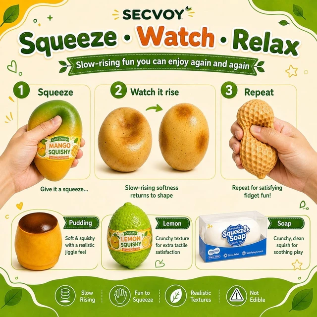 Alt view image 3 of 7 - 6 Pack Crunchy Squishy Set, Slow Rising Crunchy Squishies ASMR Filled, Squeeze Stress Relief Balls for Adults, Includes Pudding Mango Potato Lemon Soap Peanut