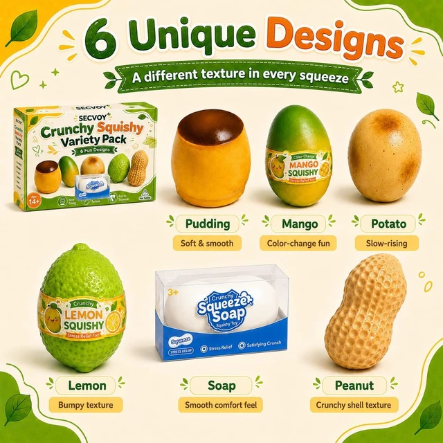 Alt view image 4 of 7 - 6 Pack Crunchy Squishy Set, Slow Rising Crunchy Squishies ASMR Filled, Squeeze Stress Relief Balls for Adults, Includes Pudding Mango Potato Lemon Soap Peanut