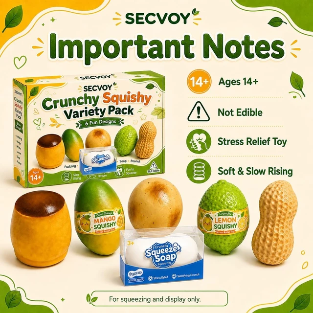Alt view image 6 of 7 - 6 Pack Crunchy Squishy Set, Slow Rising Crunchy Squishies ASMR Filled, Squeeze Stress Relief Balls for Adults, Includes Pudding Mango Potato Lemon Soap Peanut