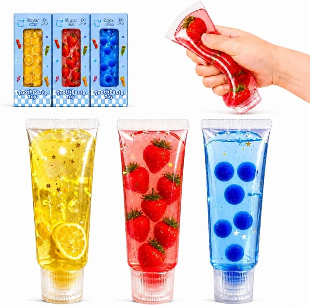 Main image of 3 Pack Toothpaste Squishy Toys, Colorful Jelly Filled Squeeze Tube
Jelly-filled toothpaste tube shape with a soft squeeze feel and colorful decorative pieces for hands-busy desk or travel play