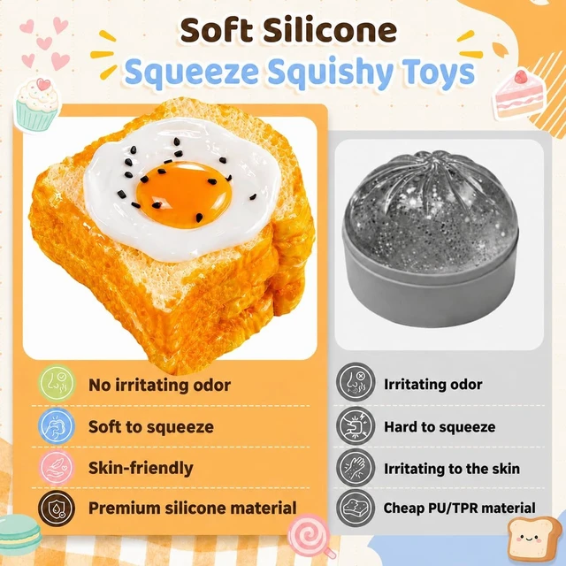 Alt view image 3 of 7 - Egg Toast Squishy Toys, Silicone Squeeze Toys for Slow Rising Squishies
Realistic Food Shaped Sticky Squishy Fidget Toys, Great for Office and Home Stress Relief, Party Favors and Fun Gifts