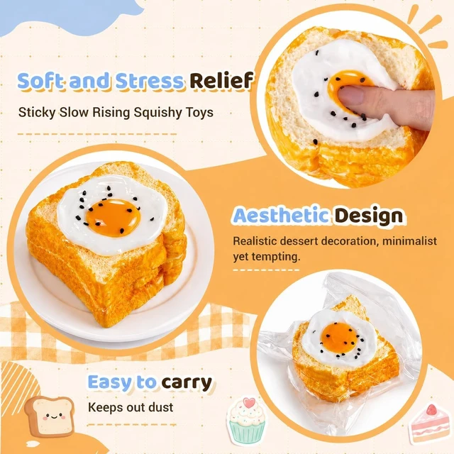 Alt view image 7 of 7 - Egg Toast Squishy Toys, Silicone Squeeze Toys for Slow Rising Squishies
Realistic Food Shaped Sticky Squishy Fidget Toys, Great for Office and Home Stress Relief, Party Favors and Fun Gifts