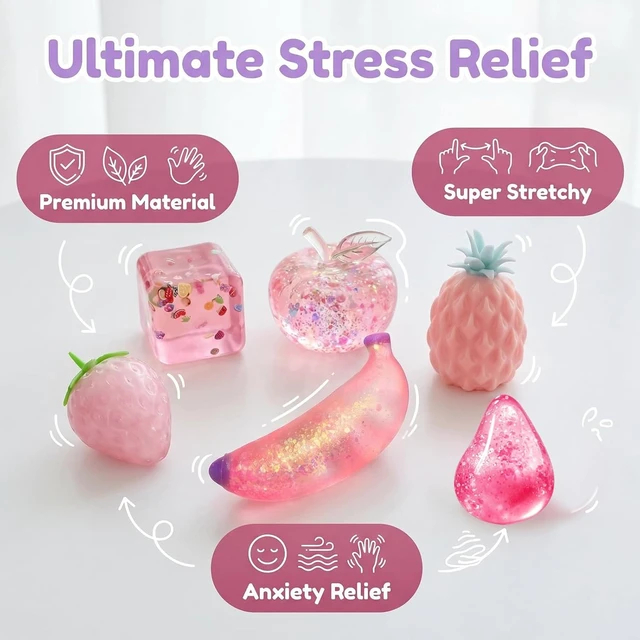 Alt view image 2 of 7 - Fruity Crystal Squishy Toy Set 6 Pack - Pink Glitter Slow Rise Stress
Adult Stress Relief, Glitter Quicksand, Slow Rise Squishy, Soft Texture, Fun Desk Toy, Gift for Adults