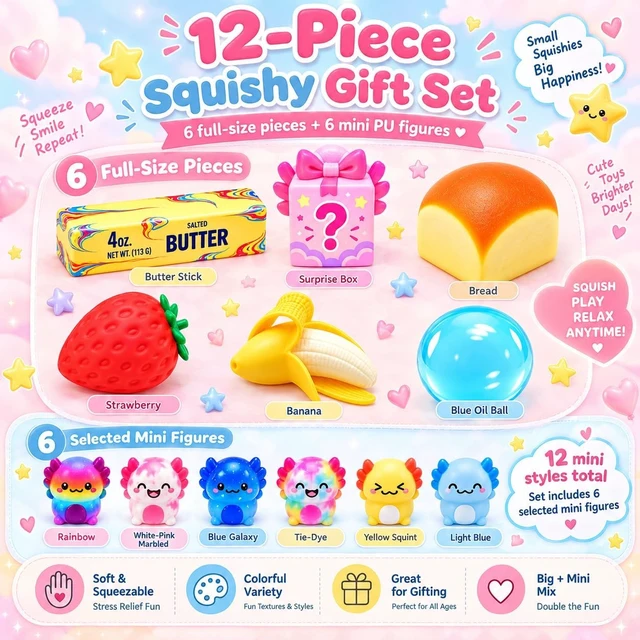 Alt view image 5 of 6 - 12 Pack Squishy Toy Set, Surprise Squishy Box with 5 Full Size Squishies and 6 Random Mini PU Figures, Sensory Fidget Squeeze Toys for Stress Relief, Party Favors and Gifts