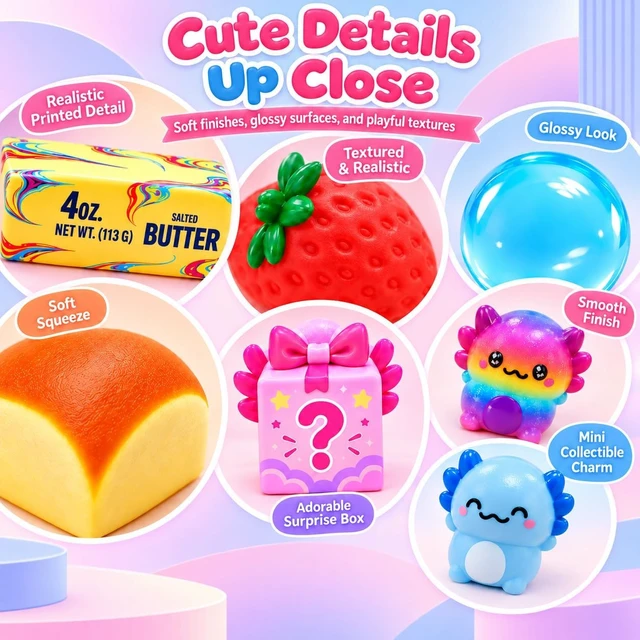 Alt view image 2 of 6 - 12 Pack Squishy Toy Set, Surprise Squishy Box with 5 Full Size Squishies and 6 Random Mini PU Figures, Sensory Fidget Squeeze Toys for Stress Relief, Party Favors and Gifts