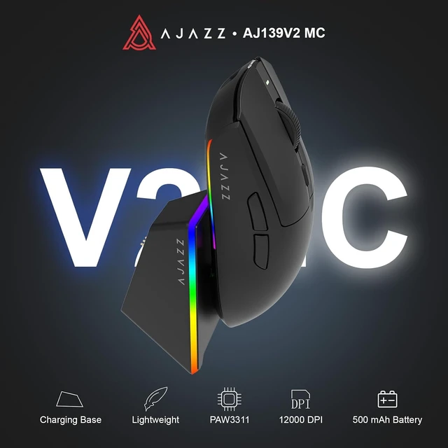Alt view image 4 of 7 - AJ139 V2 MC Wireless Gaming Mouse with RGB Charging Dock, 66g Ultra-Lightweight Tri-Mode Optical Mouse, 24000 DPI PAW3311 Sensor, Ergonomic Rechargeable Gaming Mouse for PC/Mac - Black