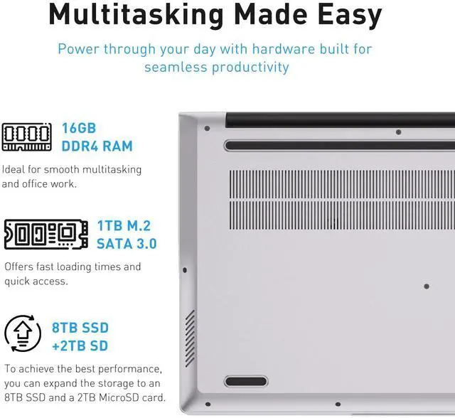 Alt view image 2 of 7 - Exsurf 2025 New 15.6" FHD IPS Laptop,AMD 3050e,16GB RAM 1TB SSD,Fingerprint| Backlit Keyboard,for Work/Study/Daily Use,TYPE-C,HDMI,USB 3.0/2.0,Silver