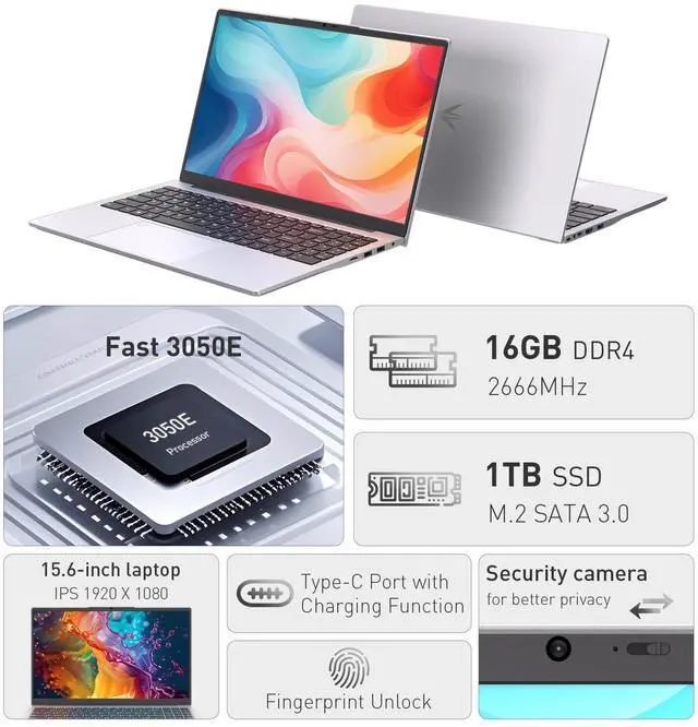 Alt view image 6 of 7 - Exsurf 2025 New 15.6" FHD IPS Laptop,AMD 3050e,16GB RAM 1TB SSD,Fingerprint| Backlit Keyboard,for Work/Study/Daily Use,TYPE-C,HDMI,USB 3.0/2.0,Silver