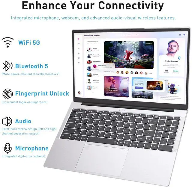 Alt view image 5 of 7 - Exsurf 2025 New 15.6" FHD IPS Laptop,AMD 3050e,16GB RAM 1TB SSD,Fingerprint| Backlit Keyboard,for Work/Study/Daily Use,TYPE-C,HDMI,USB 3.0/2.0,Silver